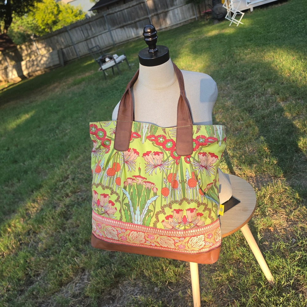 Floral Canvas Tote Bag Leather Trim Art Nouveau Botanical Print Green Brown